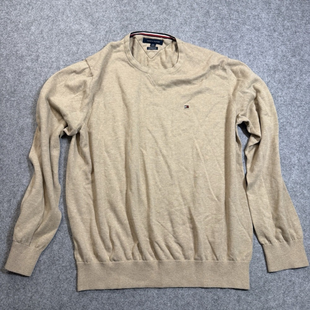 Tommy Hilfiger Premium Cotton Sweater Mens XL Tan Crewneck Flag Logo Preppy